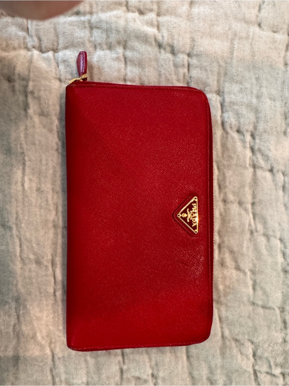 Prada Red Saffiano Zip-Around Wallet with Gold Logo